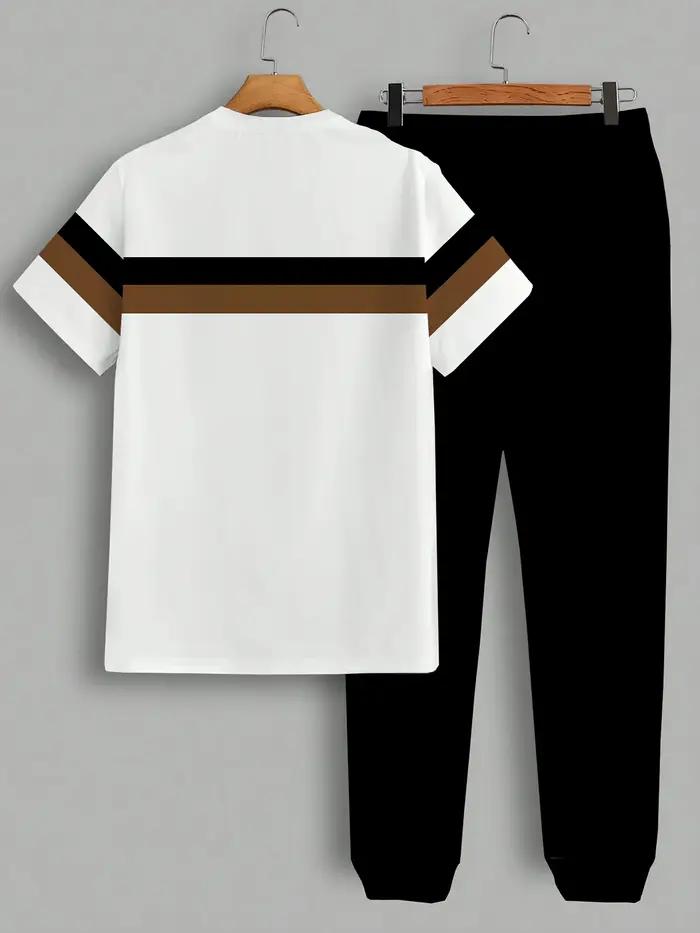 Nouveau beau hommes été rayure imprimé confortable et respirant col rond T-shirt pantalon ensemble v