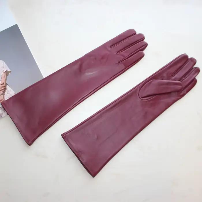 Nouveaux gants longs en peau de mouton pour femmes, gants en cuir de couleur unie pour écran tactile