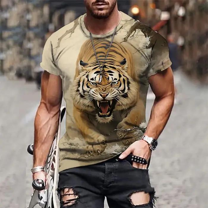 T-shirt à manches courtes et col rond pour hommes, imprimé tigre 3D, respirant, extensible, décontra
