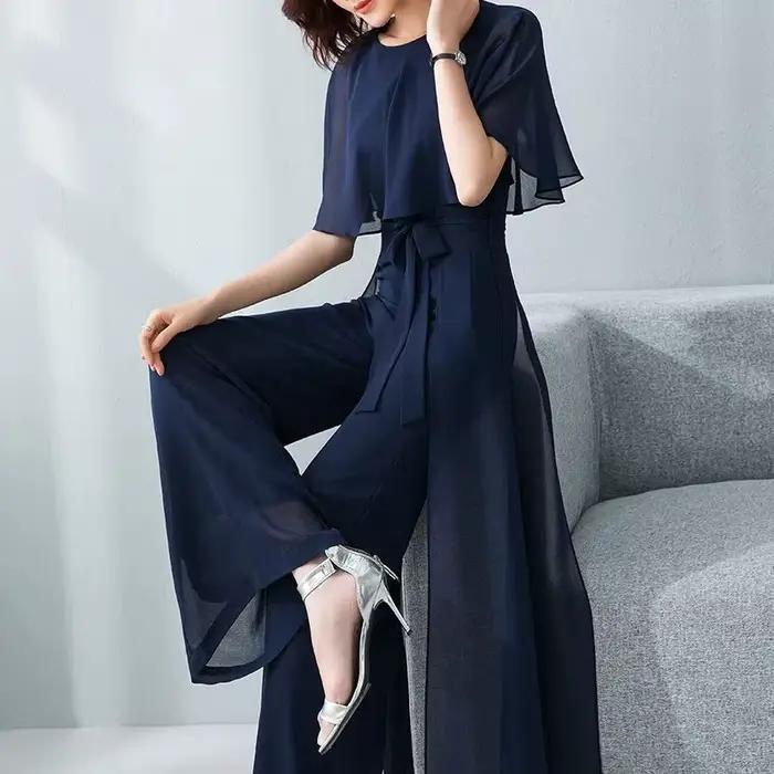 Combinaison longue en mousseline de soie pour femmes, manches feuille de Lotus, ensemble à jambes la