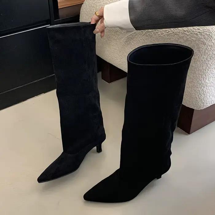 Automne hiver Style De rue bout pointu bottes hautes femmes talons bas chaussures femme chaussons lo