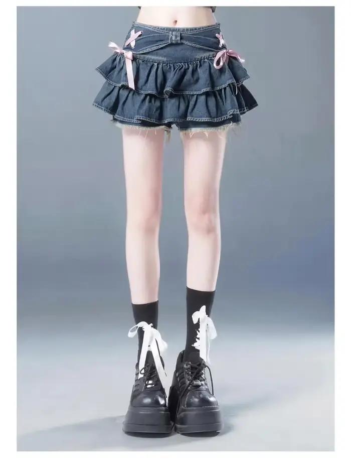 Mini jupe en jean gothique pour femmes, Streetwear américain, Vêtements sexy, Ligne A, Vintage, Noeu