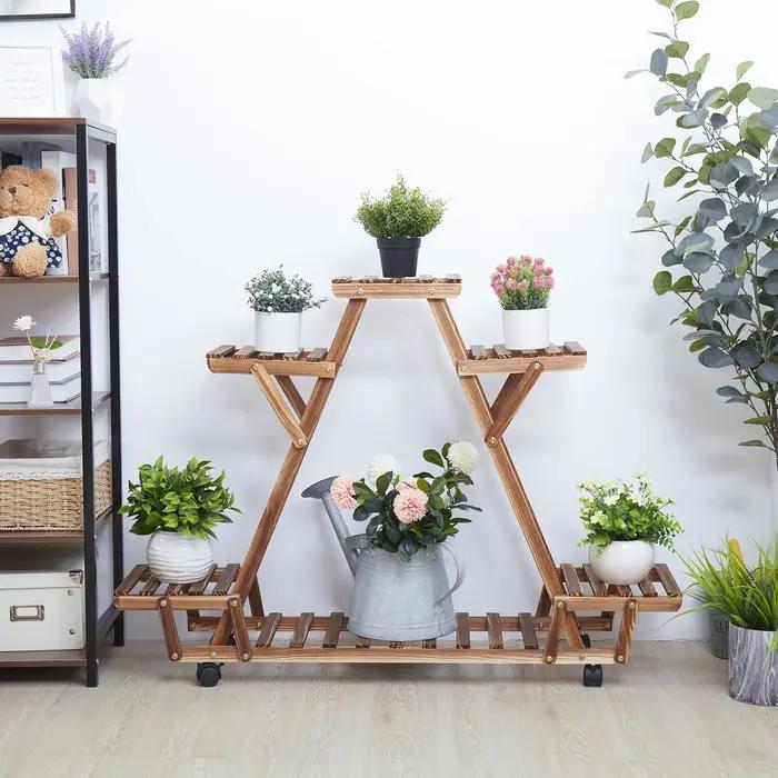 Étagère triangulaire pour plantes, 6 pots en bois carbonisé, support pour pots de fleurs, présentoir