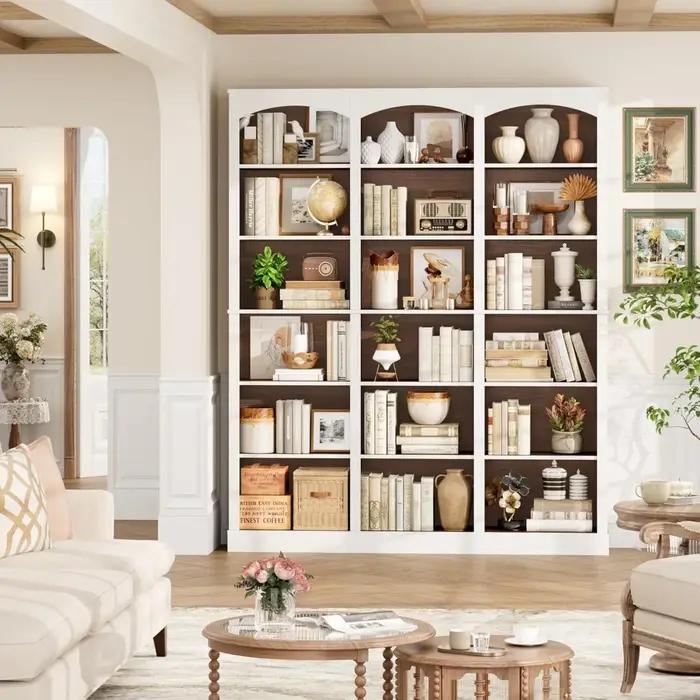 Étagère à livres triple de 71 pouces de large, bibliothèque haute à 6 niveaux, grande bibliothèque a