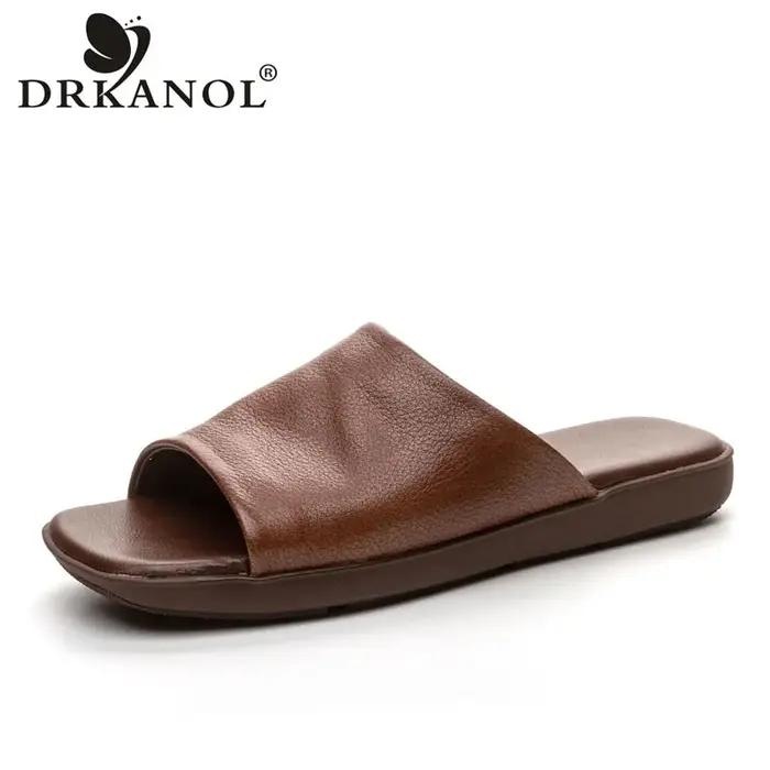 DRKANadvocate-Pantoufles en cuir véritable pour femmes, pantoufles d'été ouvertes, à enfiler, pour l