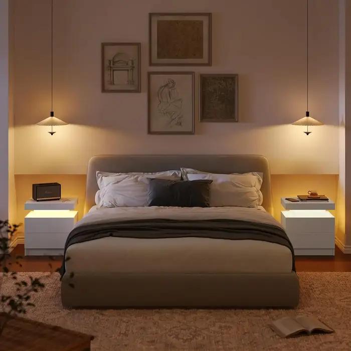Table de chevet LED blanche, table de chevet moderne pour chambre à coucher avec 2 tiroirs en bois,