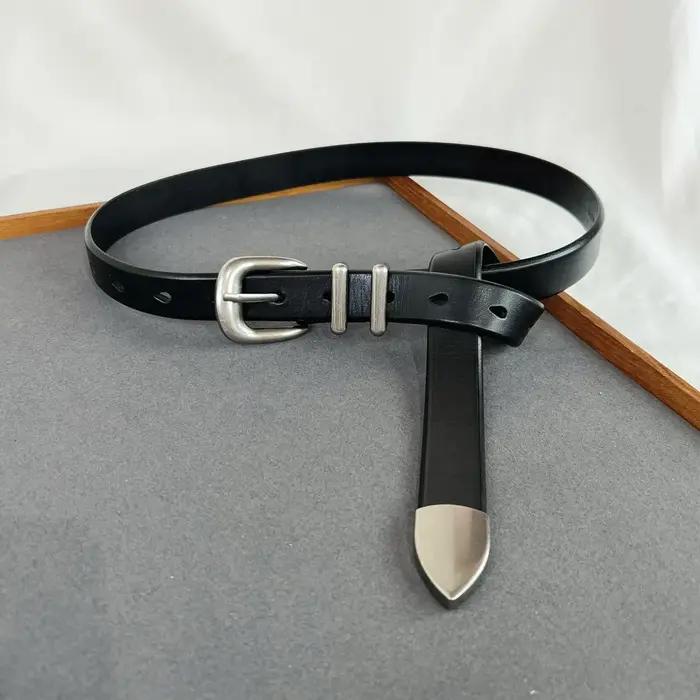 Ceinture Vintage en cuir de vache pour hommes et femmes, argent et noir, boucle, 125cm