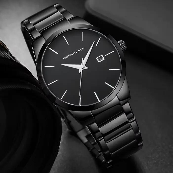 Hannah Martin montre en acier inoxydable pour hommes mode affaires Style noir Style minimaliste 3Bar