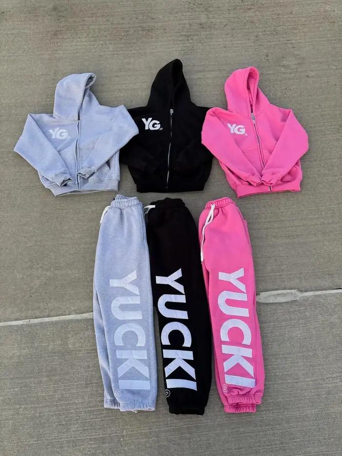 Ensemble de survêtement unisexe YUCKI pour couple, imprimé lettres, 2 pièces, sweat à capuche zippé