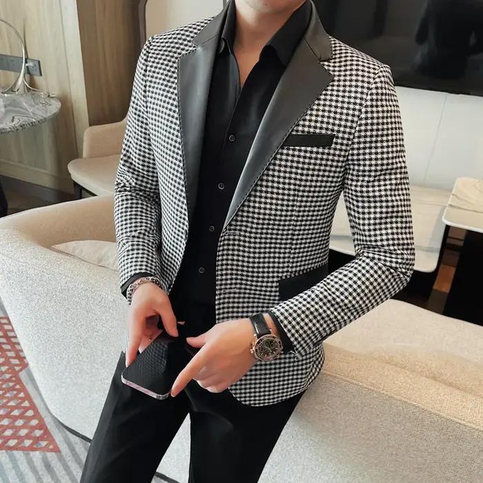 Veste en cuir à simple boutonnage pour hommes, de haute qualité, à la mode, col épissé, couleur unie