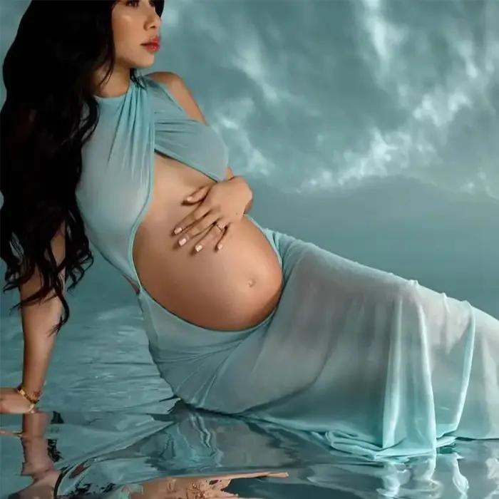 Robes de maternité Photoshoot bleu ciel maman sexe révéler robe Sexy pure maille extensible ouverte