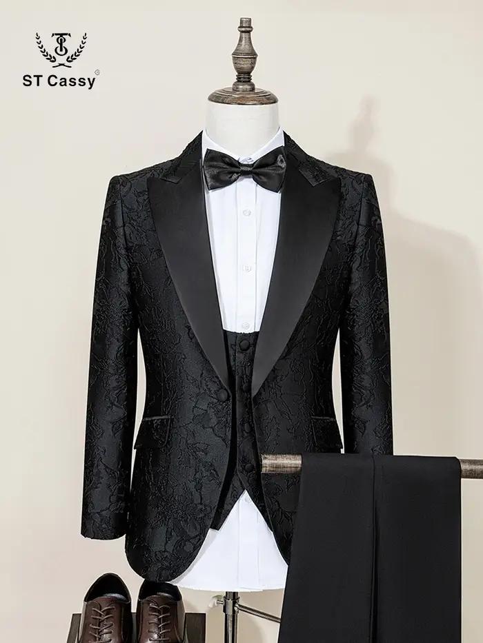 Costume homme de luxe ST Cassy, ensemble 3 pièces, noir, pour dîner, soirée, banquet, mariage, cérém