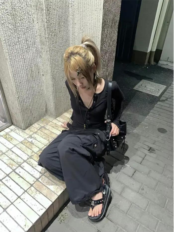 Tonngirls Y2k japonais t-shirt femmes dentelle à manches longues imprimé graphique hauts Streetwear