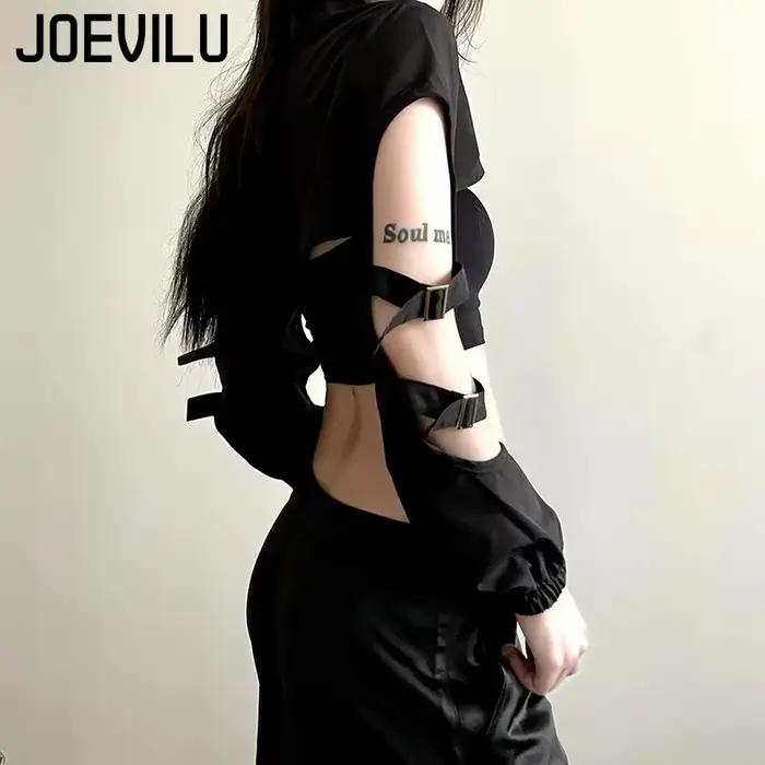 JOEVILU Femmes Cyberpunk Goth Harajuku Récolte Hauts Manches Longues Évider Fermeture Éclair T-shirt