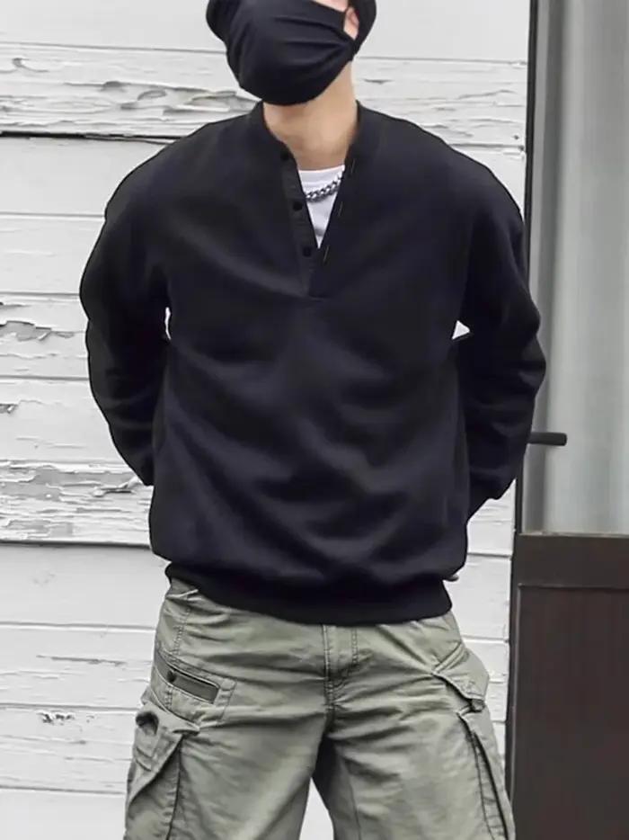 Sweat-shirt à col ras du cou pour hommes, coupe ample, couleur unie, col Henry, mode printemps rétro