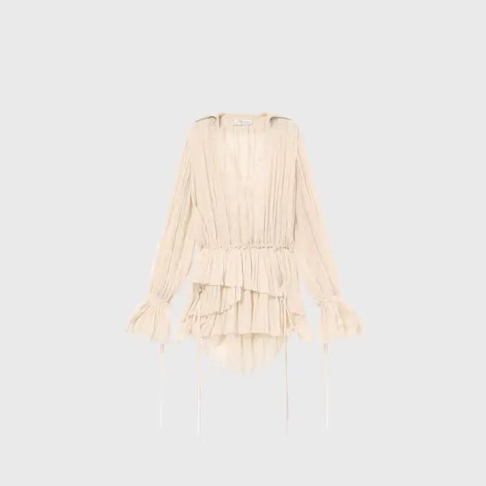 Chemisier femme beige à dentelle, col en V, manches longues, ourlet étagé à volants, en mousseline f