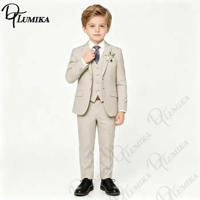 Costume en lin beige pour garçons, 4 pièces, avec cravate florale, ensemble formel pour enfants, mar