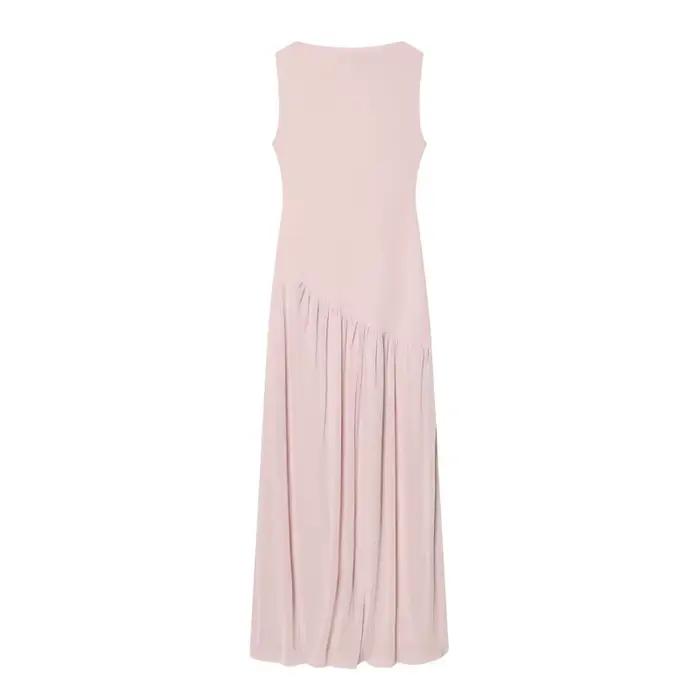 Robe mi-longue plissée marron sans manches à col montant pour femme ETJ, coupe fluide, style minimal
