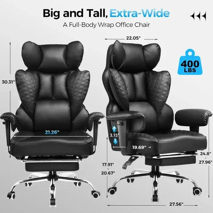 Chaise de bureau grande et haute, chaise de jeu ergonomique de 400 lb de large avec cuir conçu par g