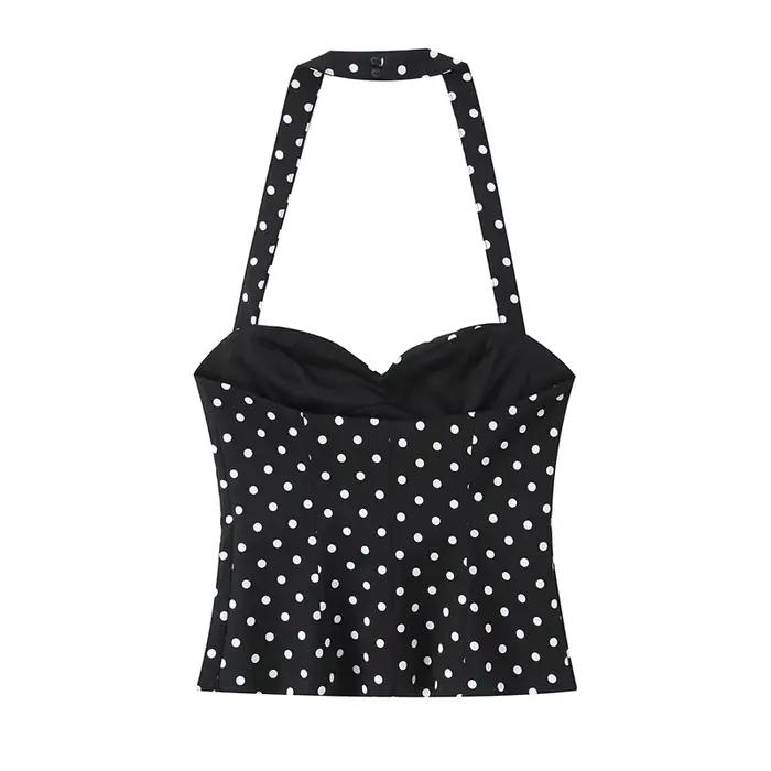 Haut pour femme, nouveau style été 2026, couleur unie, décor à pois, col halter, haut sexy, style va