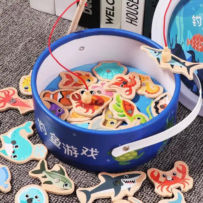 Jouets de pêche magnétiques en bois Montessori, jeux de poissons cognitifs de la vie Marine, jouet é