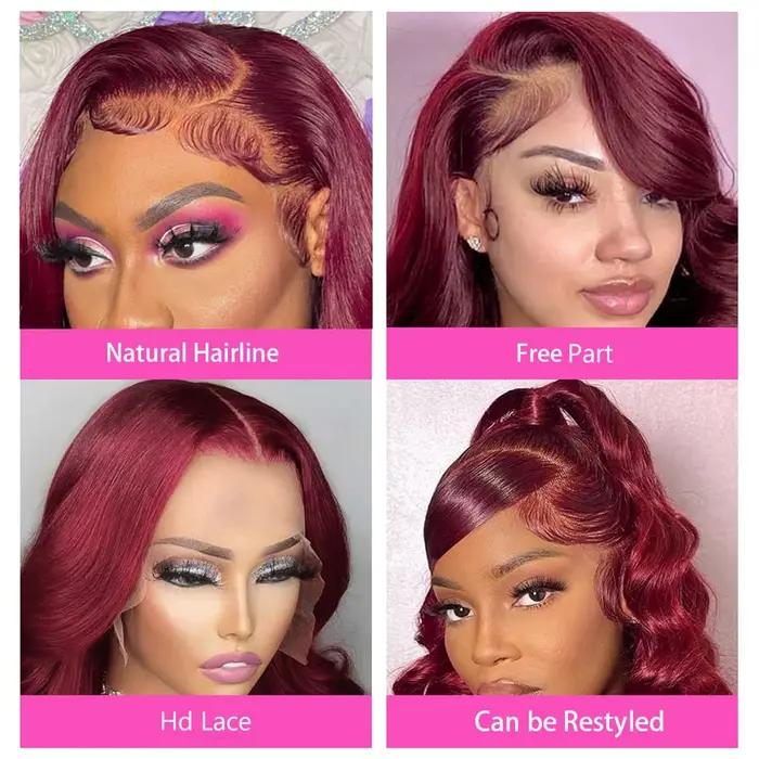 Perruque Lace Front Wig sans colle naturelle, cheveux lisses, rouge bordeaux 99J, 13x6, 13x4 HD, 30