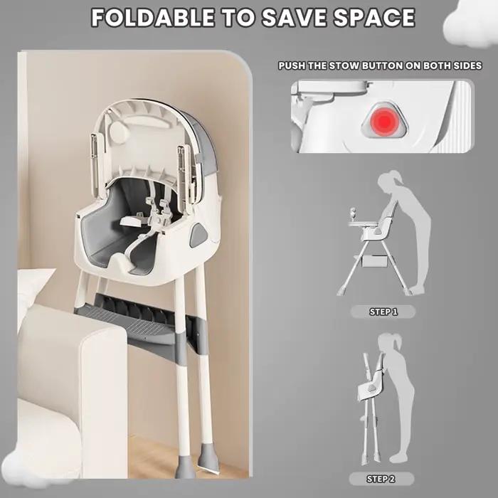 Chaise haute pliable pour bébé de 6 mois plus, avec grand coussin antidérapant et support à jouets,