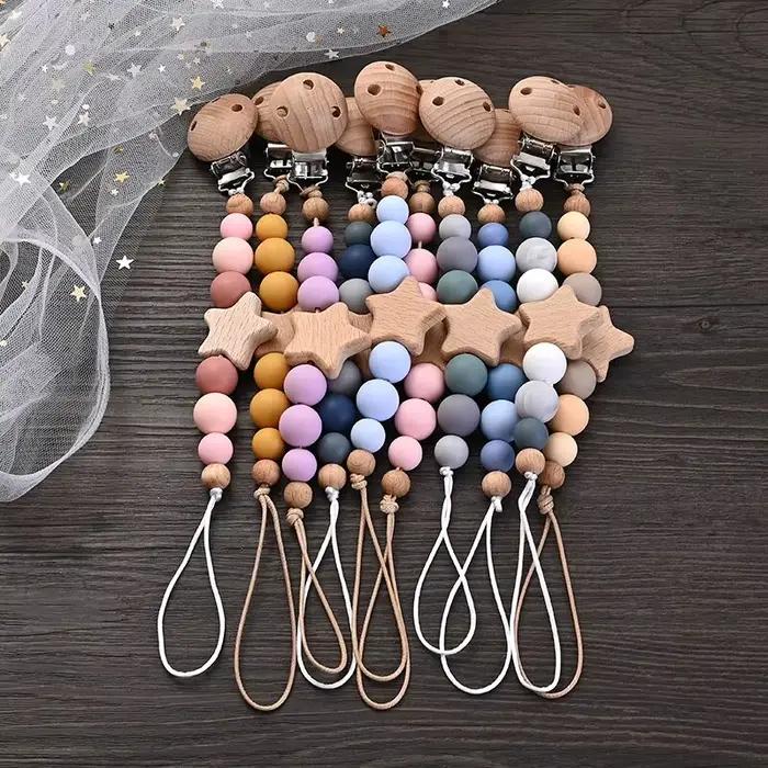 Clips de chaîne de sucette pour bébé, anneau de dentition pentagramme en bois, perles rondes en Sili