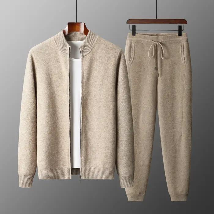 Cardigan pantalon en laine mérinos pour homme, pull en tricot, veste épaisse à fermeture éclair, pan