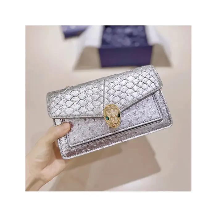 Sac à chaîne en cuir véritable pour femme, motif autruche tête de serpent, mini sac carré exquis à p