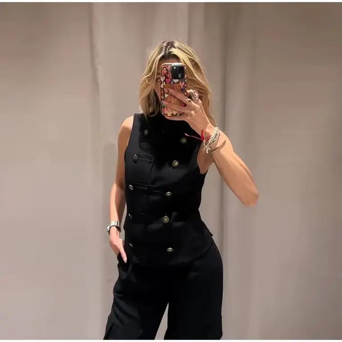 Top Femme Printemps 2026 Nouveau Noir Sans Manches avec Nœud Décoratif Coupe Ajustée Gilet Unique Te
