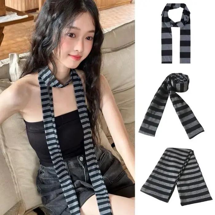 Y2K noir gris rayé écharpe pour femmes coton longue écharpe tour de cou écharpe Punk maigre mince co