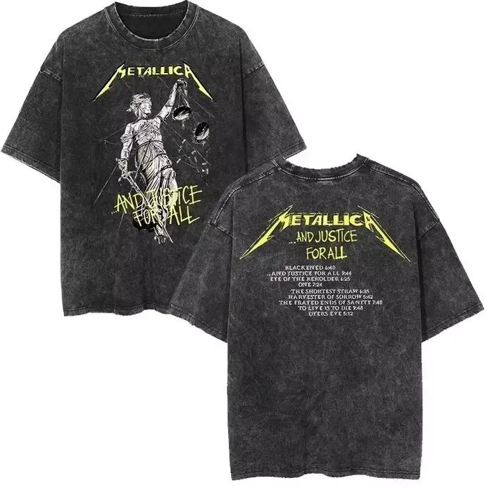 T-shirt unisexe à manches courtes Metallica style rock, motif punk urbain, 100 % coton, délavé, coll
