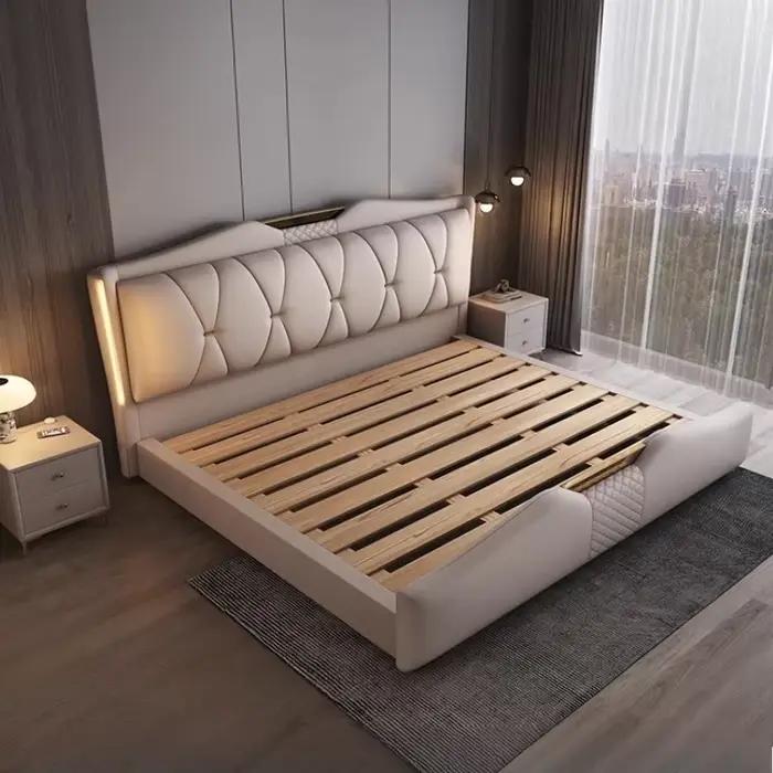 Lit double de luxe 200x220cm avec tête de lit et 3 tiroirs de rangement pour chambre principale mobilier de maison