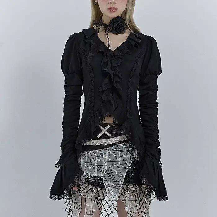 Karrcat-Chemise gothique en dentelle noire, chemisiers irréguliers esthétiques foncées, style CHRIST