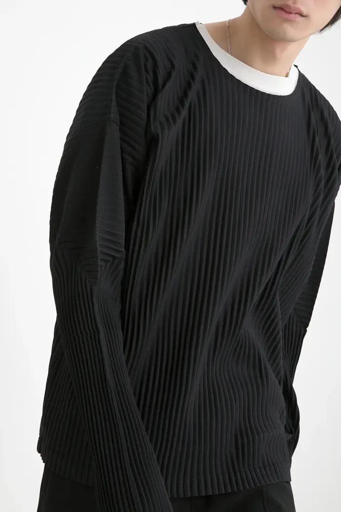 T-shirt plissé à manches longues pour hommes, haut décontracté, col rond, ata yake, adt