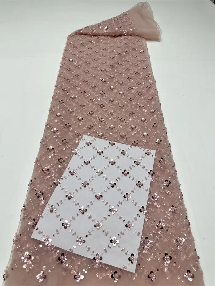 Tissu en dentelle de tulle africain doré 2026, tissu en filet français à sequins, broderie avec perl