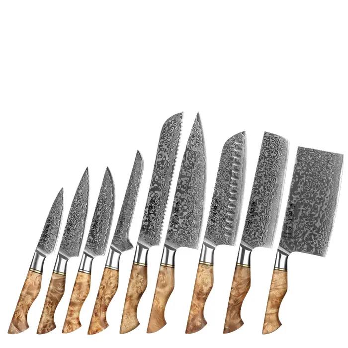 HEZHEN-Ensemble de Couteaux de Cuisine Professionnels, Acier Damas, 67 Couches, Noyau 10Cr15CoMoV, 1