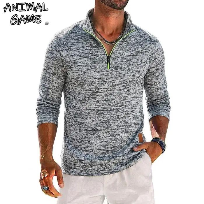 Sweat-shirt à manches longues et quart de zip pour homme, pull uni, sweat à capuche zippé pour homme