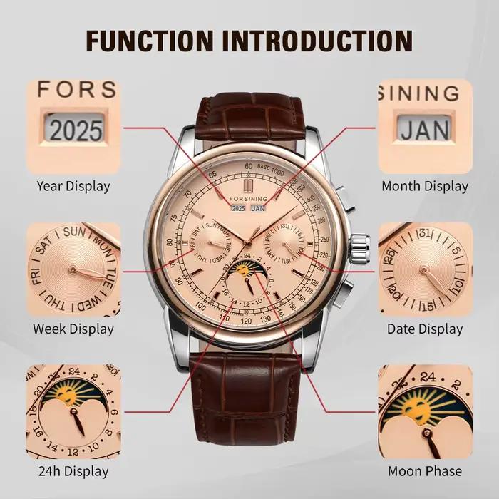 Forsining rétro montres mécaniques Phase de lune mouvement Shanghai boîtier en or Rose bracelet en c