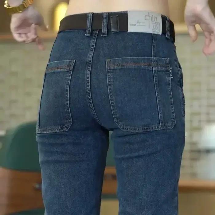 Jeans pour homme à six poches, fins, pour le printemps et l'été, coupe droite élastique, décontracté