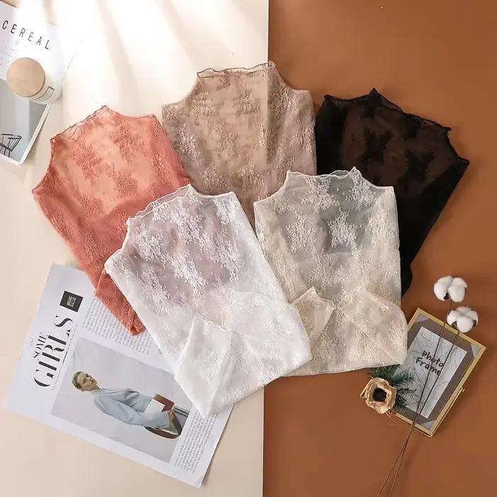 Chemise en dentelle florale pour femmes, manches longues, Sexy, chemises à bascule en maille, col mo