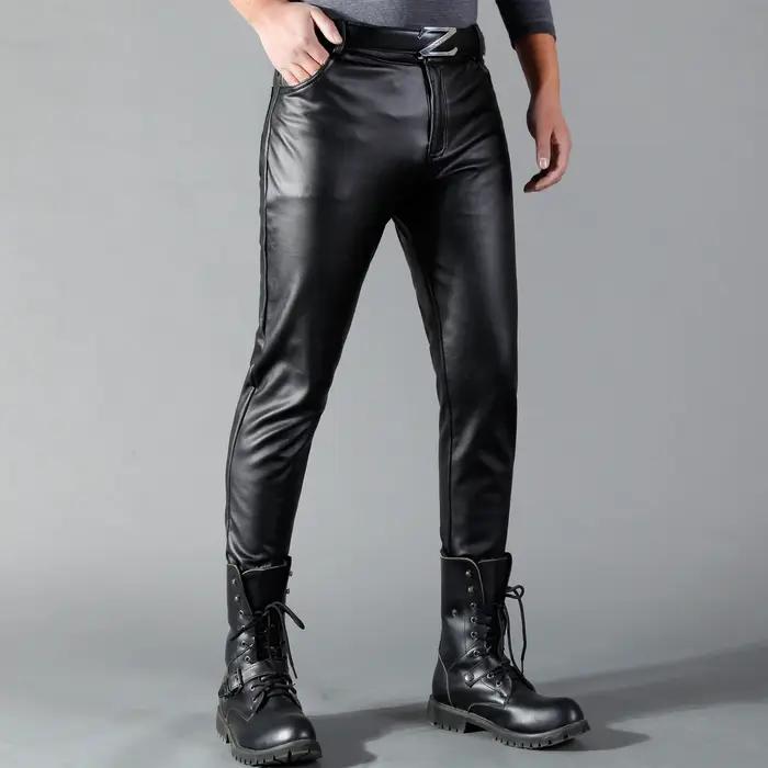 Pantalon en cuir pour hommes, coupe slim, élastique, mode, pantalon de motard en cuir PU, pantalon d