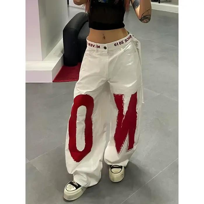 ZHIZOU femmes blanc lettre imprimer Y2k Baggy jean 2000s Style Denim pantalon Harajuku Vintage surdi