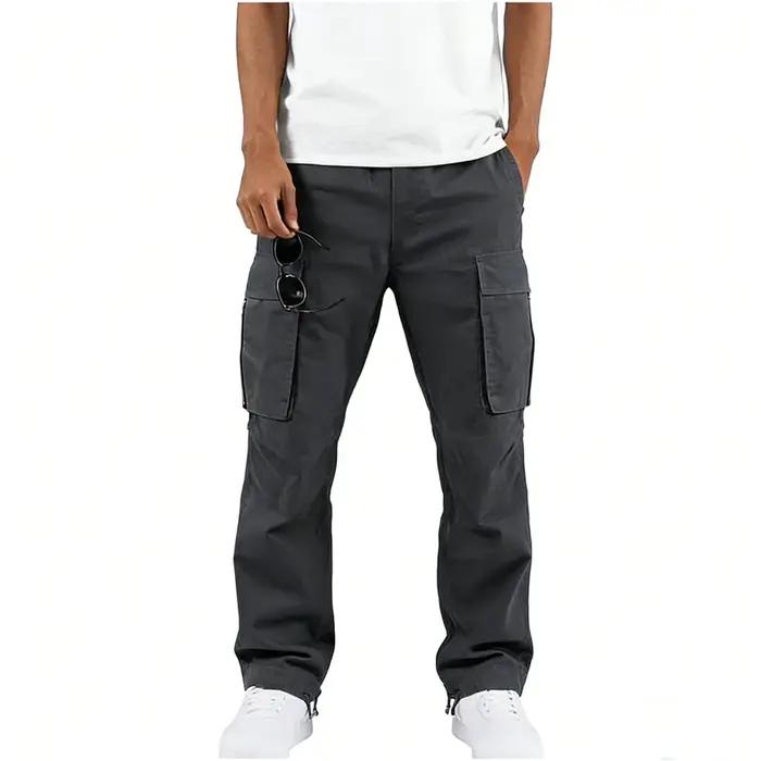 Pantalon cargo en polyester tissé pour homme, multi-poches, coupe droite, taille à cordon, vêtements