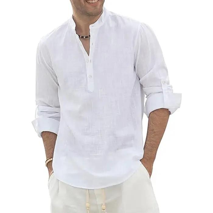 Polo à manches longues en coton et lin pour hommes, léger, col Henley, Style plage hawaïen, couleur