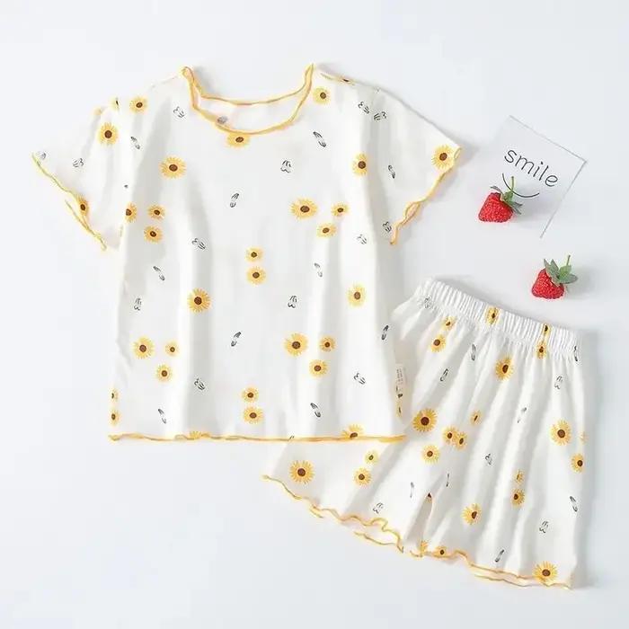 Ensemble pyjama d'été pour filles, imprimé fraises, short et t-shirt pêches roses, vêtements d'intér