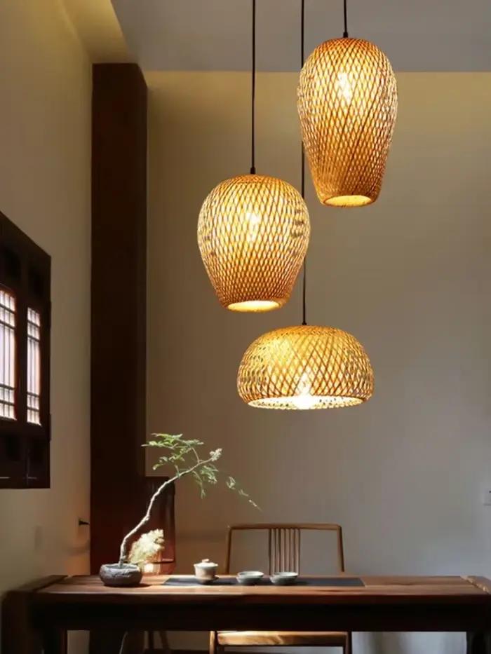 Classique 3 pièces lampes suspendues bambouo en bois E27 lustres éclairage plafonniers salon chambre