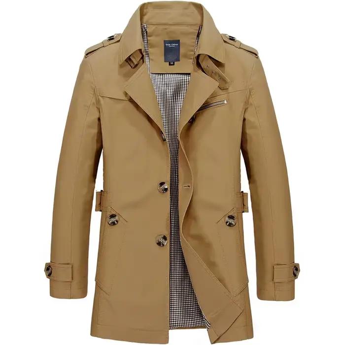 Veste coupe-vent mi-longue pour homme, col rabattu, simple, à simple boutonnage, manches longues, av