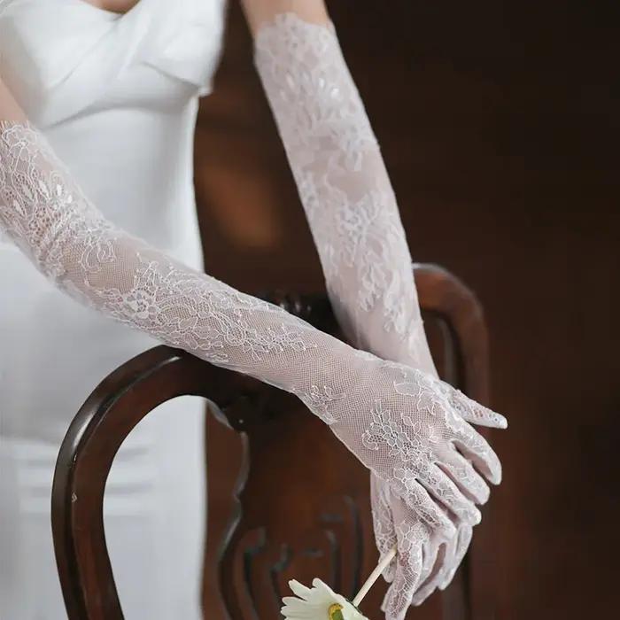 Gants longs en dentelle blanche, maille Sexy, cils, Tulle, coude de mariée, accessoires de Costume d